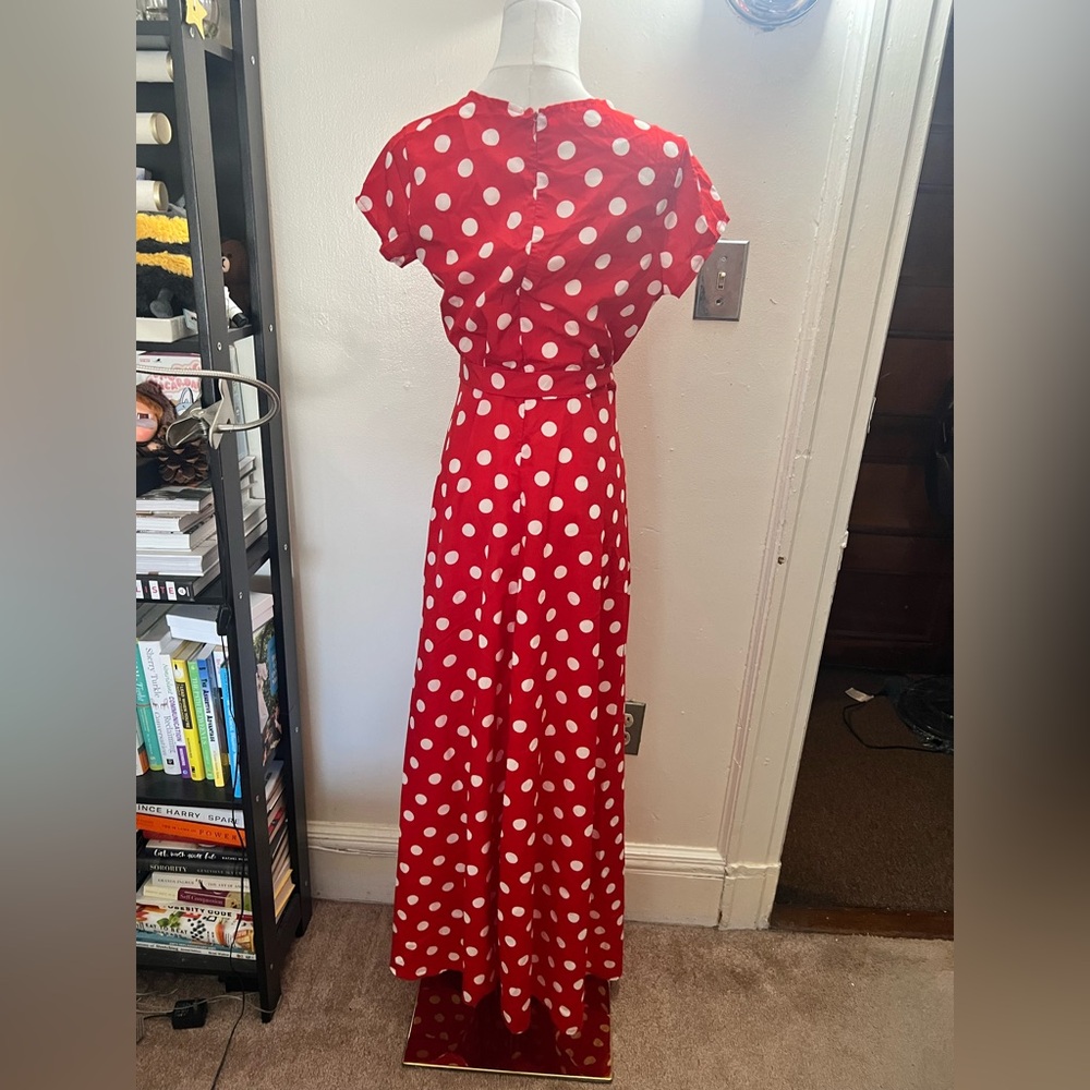 NWOT Red Polka Dot Maxi Dress with Self Tie Waist Size M - Picture 6 of 8
